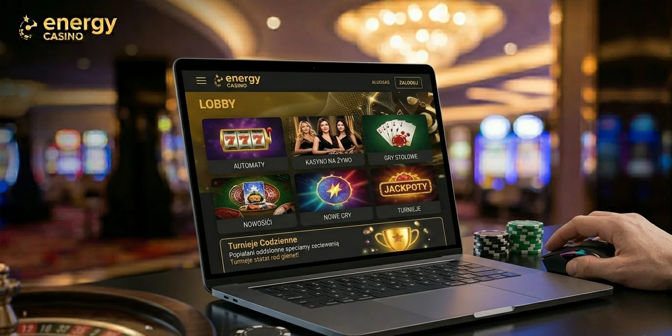 Lobby gier Energy Casino na desktopie z kategoriami slotów i live casino